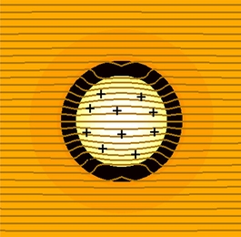 This diagram shows one of the core-shell nanoparticles embedded in a host material, as described in a paper in <i>Advanced Materials</i>. The motion of electrons, as shown by brown lines, is bent in such a way that they appear to be unaffected by the presence of the particle, thus allowing them to pass with little resistance.