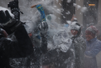 A student-organized snowball fight broke out on Killian Court on Saturday after the height of the storm had passed.