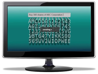 Monitor screen displaying search bar with text "Buy 300 shares of ABC corporation" and array of letters and numbers below. A message box with "sending" is printed in center of screen.