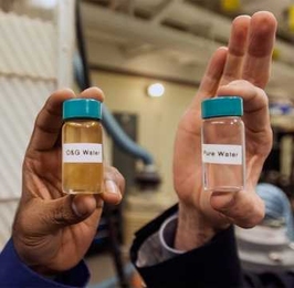 Water from natural gas wells, sent to MIT by the companies that operate them, was run through the humidification-dehumidification (HDH) carrier gas extraction process, producing clean, potable water (right).