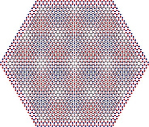 Image of hexagonal portion of two slices of graphene, with red and blue dots representing carbon atoms, that are superimposed at a slightly odd angle to create a moire pattern