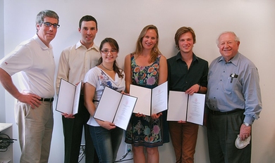 From left: Bill Aulet, managing director of the Martin Trust Center for MIT Entrepreneurship; Sam Shaner; Heidi Baumgartner; Anya Priester; Nikita Khlystov; and Professor Ed Roberts, founder and chair at the Martin Trust Center
