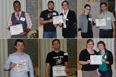 Graduate student winners (from top left): Marcus Parrish (first place); Anthony Soltis and Fabio Caiazzo (second-place tie); and Bridget Wall and Jun Jie Ian Tay (third-place tie). Postdoctoral scholar winners (from bottom left): Bogdan Fedeles (first place); Zachary Nagel (second place); and Nicole M. Iverson and Stephanie E. Woods (third-place tie).
