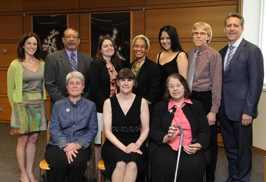 From left to right, back row: Associate Dean Cindy Barnhart, Lourenco Pires, Hannah Merrick, Chevalley Duhart, Angelita Mireles, Francis Doughty, Dean Ian Waitz. Front row: Gwen Wilcox, Carolyn Jundzilo-Comer, JoAnn Sorrento.