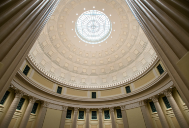 A view of the oculus from inside the Barker Library Reading Room.