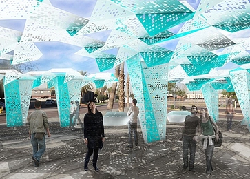J. Meejin Yoon (left) created this light and sound installation in Phoenix, Ariz.