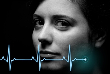 Digital illustration featuring a black-and-white photo of a young woman’s head and shoulders, superimposed with a network of interconnected nodes running through her head and neck