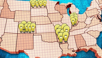 Stylized U.S. map with lightbulbs superimposed in bunches over certain states