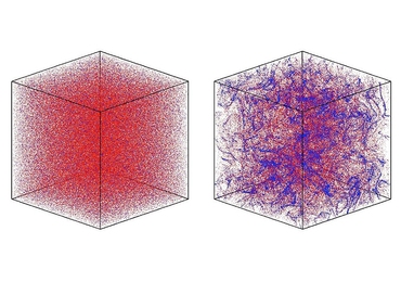 These images from a computer simulation show nonmotile cells in turbulence in the cube on the left and motile cells at right.