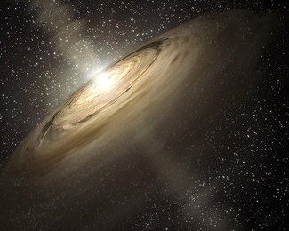 This artist&#39;s rendering shows a solar system that is a much younger version of our own. Dusty disks, like the one shown here circling the star, are thought to be the breeding grounds of planets, including rocky ones like Earth.