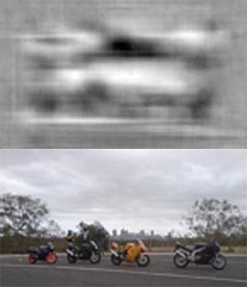 With each of the raw images at left (color), today's state-of-the-art
object-detection algorithms make errors that initially seem baffling — such as mistaking distant clouds for a nearby car. A new
technique enables the visualization of a common mathematical
representation of
images (in black and white), which should help researchers understand why
their
algorithms fail.
