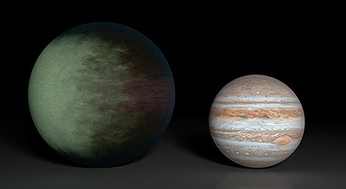 Kepler 7b (left), which is 1.5 times the radius of Jupiter (right), is the first exoplanet to have its clouds mapped. The cloud map was produced using data from NASA&#39;s Kepler and Spitzer space telescopes.