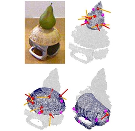 A statistical construct called the Bingham distribution enables a new
algorithm to identify an object&#39;s orientation using far fewer data points
(red and purple circles) than previous algorithms required.