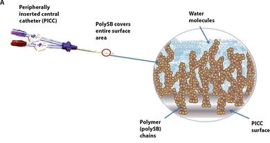 Semprus BioScience&#39;s biomaterial, called polySB, sprouts a thicket of polymers (pictured on the right) that attract water molecules, creating an impenetrable barrier against microbes.