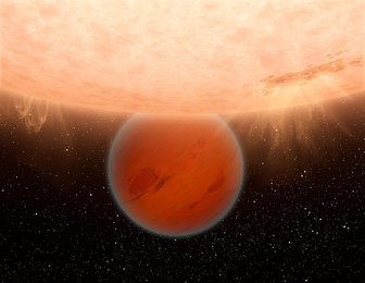 The mass of a planet with an extremely short orbital period has been identified. Pictured is an artist&#39;s rendition of the exoplanet Gliese 436b, with a slightly longer orbit around its star. 