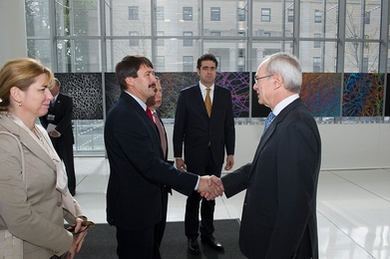 Hungarian President János Áder (left) was greeted by MIT President L. Rafael Reif at the MIT Media Lab.