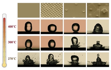 Micrographs showing water droplets landing on specially designed silicon surfaces (top images) at different temperatures. At higher temperatures, the droplets begin to exhibit a new behavior: instead of boiling, they bounce on a layer of vapor, never really wetting and cooling the surface. At 400 C, the droplet continues to boil only on the surface that combines microscale posts with a coating of ...