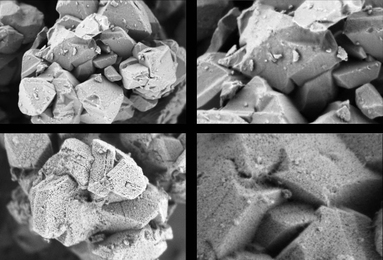 The above image shows (top) two micrographs at different magnifications of a standard &#34;Y Type&#34; zeolite with micropores, and (bottom) two micrographs at different magnifications of the same zeolite that has been given mesopores (much larger holes) through Rive Technology&#39;s Molecular Highway product.  
