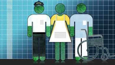 Security guard, nurse, and hospital worker as stick people with wheelchair