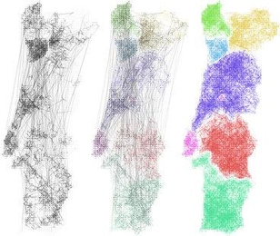 Analysis of telecom data globally (shown above for Portugal) shows the extent to which communications networks (at left) may correspond to existing political or geographic regions (represented at right).