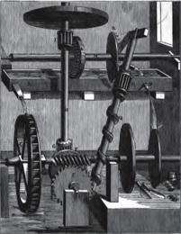 A 1660 wood engraving of Robert Fludd's 1618 "water screw" perpetual motion machine, widely credited as the first recorded attempt to describe such a device for useful work. 
