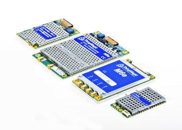 ThingMagic's product line of embedded ultrahigh-frequency (UHF) RFID reader modules, which include (from left) the Mercury5e-Compact, the Mercury5e, the Mercury6e, and the Micro. The Mercury6e, released in 2011, for instance, is a high-power, four-port, UHF module that's able to read up to 750 tags per second, up to 30 feet away, and is small enough for use in mobile applications. 