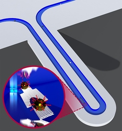 The illustration shows a suspended nanochannel resonator (SNR), which can directly measure the mass of individual nanoparticles with single-attogram precision. The inset shows a depiction from inside the embedded fluidic channel, while a DNA-origami gold nanoparticle assembly is passing through the resonator.