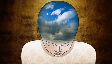 Artist's rendering of person looking downward, with clouds in their head