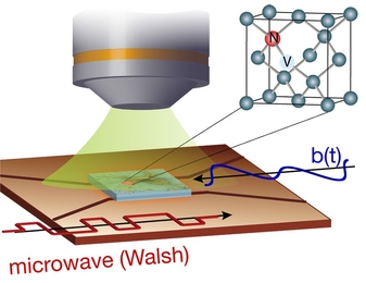 A single nitrogen-vacancy (N-V) center in diamond (right, inset), optically initialized and readout by confocal microscopy, is manipulated with coherent control sequences (red line) of microwave pulses. This measures the arbitrary profile of time-varying magnetic fields radiated by biological sources (or by artificial sources in the researchers' proof-of-principle experiment).