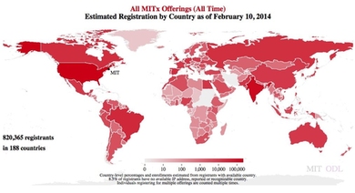 Map of MITx enrollment by country.