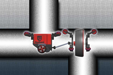Illustration of a confluence of pipes with a robotic device sealing off one section