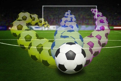 Soccer ball graphic and three trails comprised of repeated soccer ball to show motion