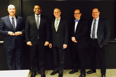 MIT's Center for Transportation & Logistics (CTL) hosted a forum on Monday, Jan. 5, featuring U.S. Secretary of Transportation Anthony Foxx. From left: Yossi Sheffi, CTL's director; Secretary Foxx; MIT President L. Rafael Reif; Joseph Coughlin, director of the MIT AgeLab; and Chris Caplice, CTL's executive director.