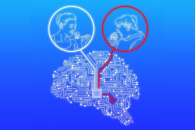 Circuits in a brain shape. Two thought bubbles above show people eating.