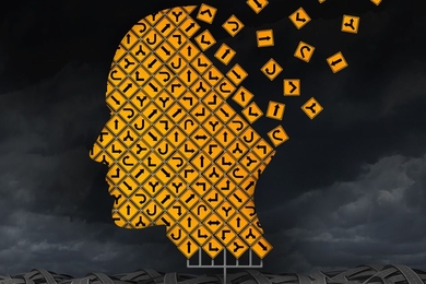 Face in profile made up of small tiles with arrows on them, which are floating away at the back of the head