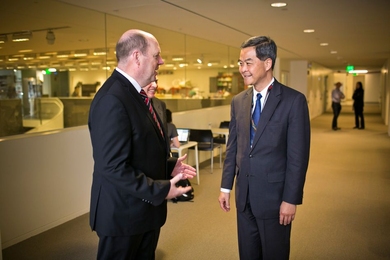 MIT Provost Martin A. Schmidt (left) greets Hong Kong Chief Executive Leung Chun-ying