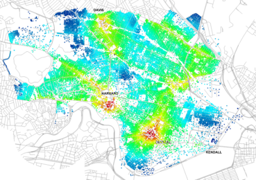 With the new Urban Network Analysis software plugin from the MIT-Singapore International Design Center, architects and urban planners can describe spatial patterns of cities using mathematical network analysis methods. Here, a screen shot from the plugin shows accessibility to public transit (bus and metro) from individual buildings in Cambridge and Somerville, Massachusetts.