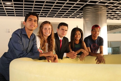 Members of the MathROOTS program at MIT. From left are: Antonio Monreal, Sofia Dudas, Brent Avery, Kalyn Younger and Trajan Hammonds.