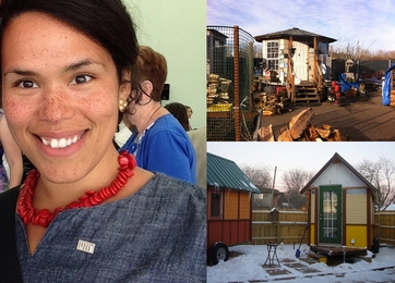 Clockwise, from left: Cate Mingoya; a tiny home in Dignity Village in Portland, Oregon; and a similar home in Occupy Madison Village in Madison, Wisconsin