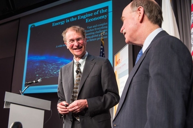 U.S. Under Secretary of Energy and Science Lynn Orr (left) and MIT Energy Initiative (MITEI) Director Robert Armstrong during a Q&A session following Orr’s talk on the U.S. Department of Energy’s Quadrennial Technology Review. 