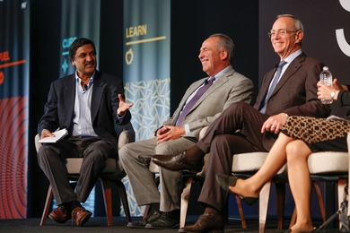 (Left to right) MIT Professor Anant Agarwal moderated "Roundtable: The Challenges Facing Education Transformation," which included Jeffrey Young, superintendent of Cambridge Public Schools, and MIT President L. Rafael Reif.