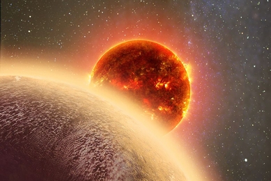 In this artist's rendering of GJ 1132b, a rocky exoplanet very similar to Earth in size and mass, circles a red dwarf star. GJ 1132b is relatively cool (about 450 degrees F) and could potentially host an atmosphere. At a distance of only 39 light-years, it will be a prime target for additional study with Hubble and future observatories like the Giant Magellan Telescope.