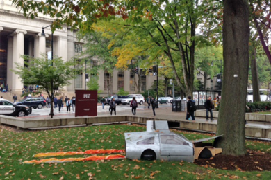 A DeLorean time machine appeared on campus for Back to the Future Day, a popular event on Twitter in 2015. 
