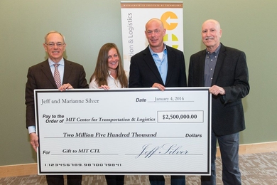 Left to right: President L. Rafael Reif, Marianne Silver, Jeff Silver, and Professor Yossi Sheffi. The $2.5 million gift will help fund fellowships for the Center for Transportation and Logistics students as well as further supply chain research.