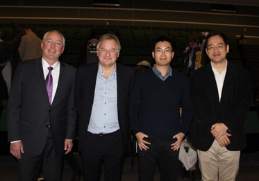 Left to right: Professor Dennis Whyte, James Del Favero, postdoc Mingda Li PhD '15, and Professor Ju Li