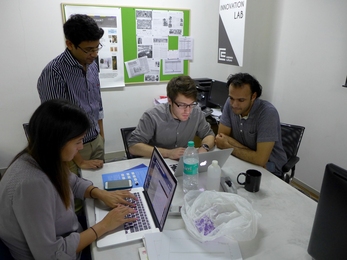 The Emerging Worlds innovation lab in Mumbai is a home away from home for MIT graduate students (l-r) Alicia Chong, Mrinal Mohit, Tristan Swedish, and Shantanu Sinha.
