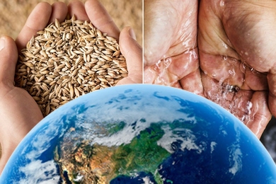 Split screen of pair of hands that hold grains on left and water on right. Bottom half shows the Earth.