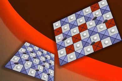 This diagram depicts the way a new surface treatment can improve the efficiency and longevity of perovskite materials for use in applications such as fuel-cell electrodes. Within the bulk of the material (bottom left) oxygen vacancies shown as “holes” are distributed throughout the material, and cause intense chemical reactivity. But on the surface, many of those vacancies get filled by oxygen...