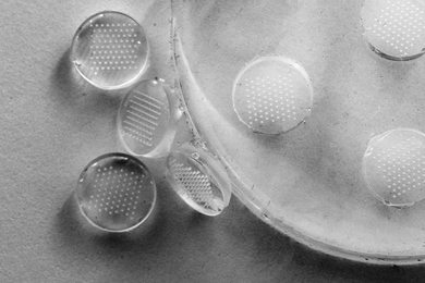 This image shows microneedles, which are mostly used for the delivery of drugs and vaccines across the skin, and the silicone mold used to make them.