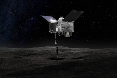 This artist's depiction shows the OSIRIS-REx spacecraft contacting the asteroid Bennu with its Touch-And-Go Sample Arm. The mission aims to return a sample of Bennu's surface coating to Earth and to return detailed information about the asteroid and its trajectory.